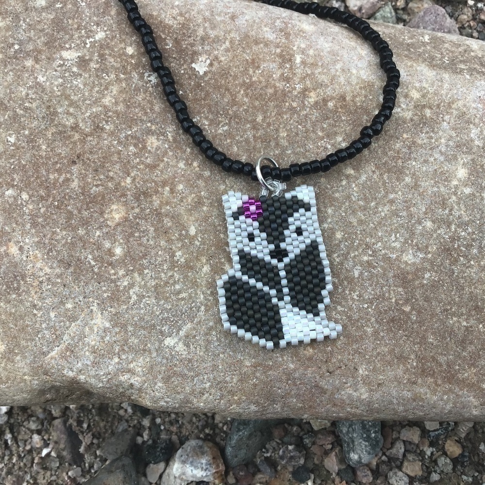 Gray Fox With Pink Flower Beaded Necklace 30$